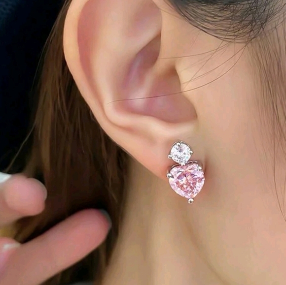 Pink Cubic Zirconia Heart Drop Set Pendant Silver Necklace Earrings - Picture 6 of 7